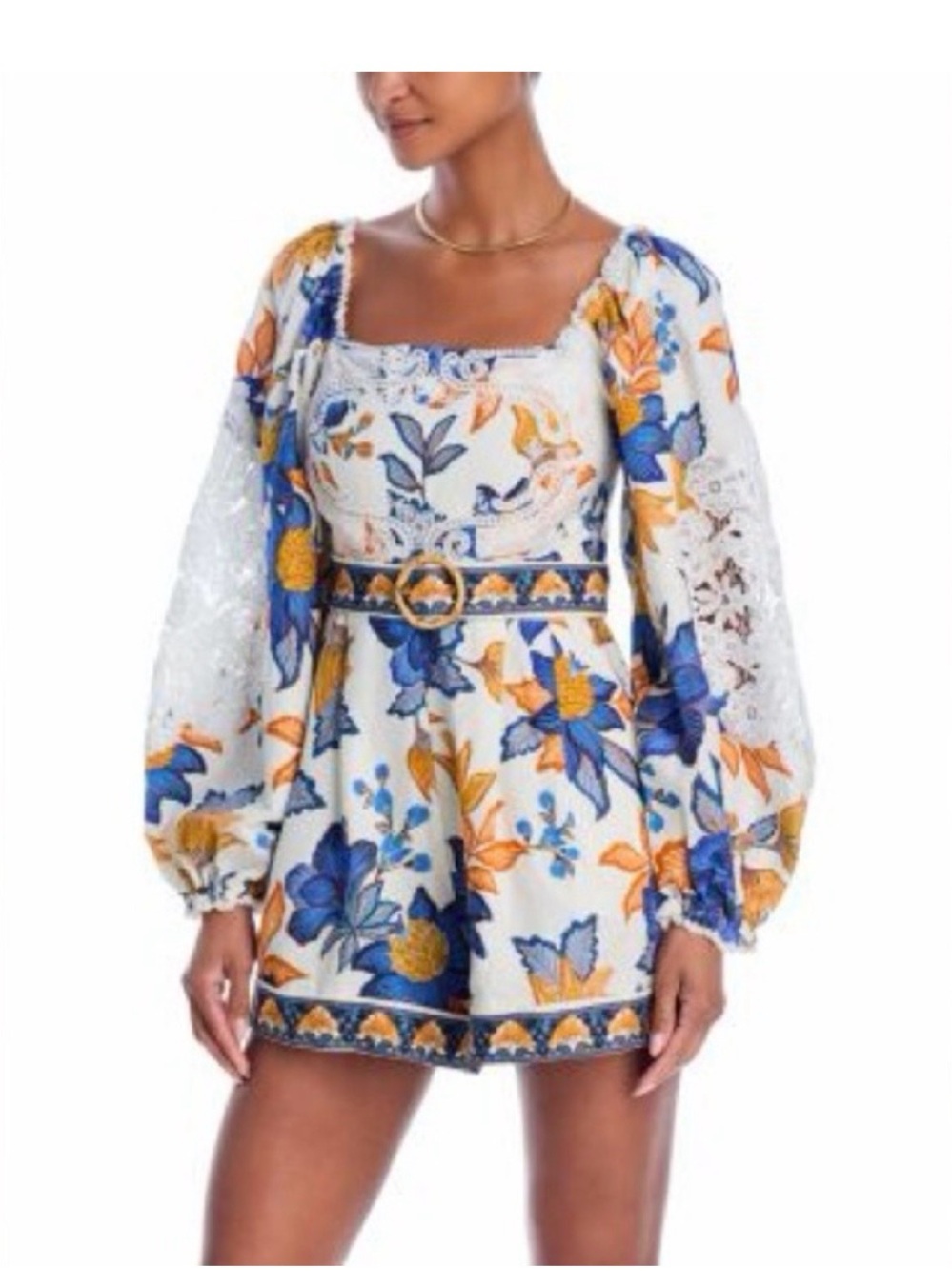 FARM Rio Blue & Yellow Floral Square-Neck Mini Dress